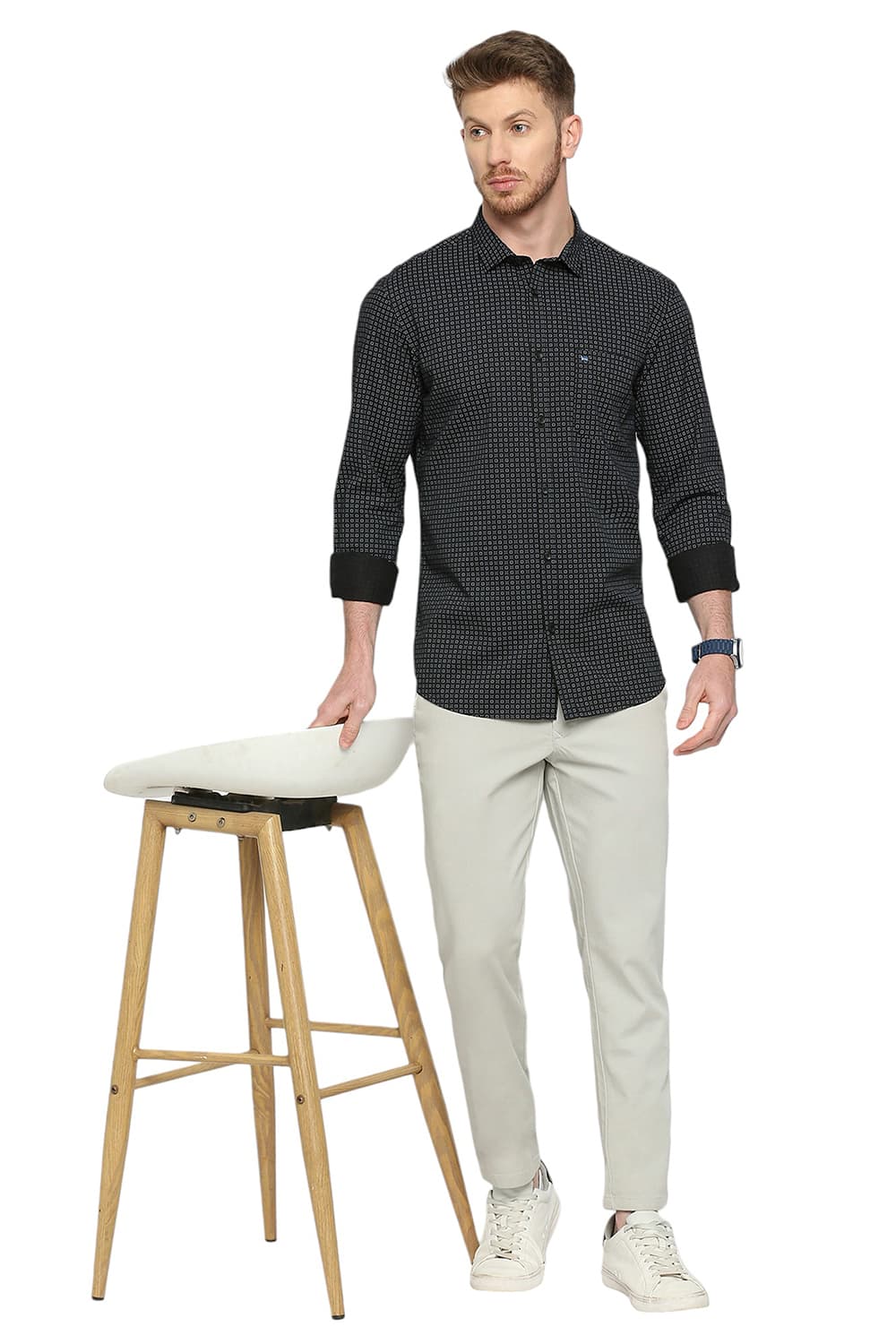 BASICS SLIM FIT COTTON TWILL PRINTED SHIRT