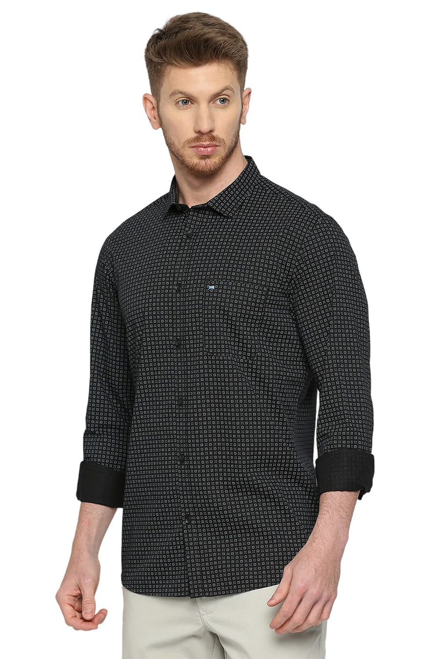 BASICS SLIM FIT ECLIPSE BLACK COTTON TWILL PRINTED SHIRT