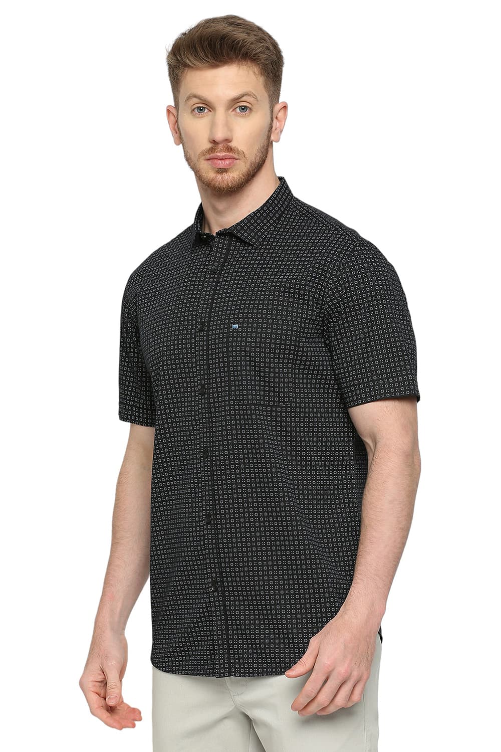 BASICS SLIM FIT COTTON TWILL PRINTED HALFSLEEVES SHIRT