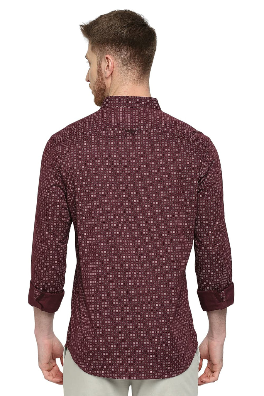 BASICS SLIM FIT PUCE WINE COTTON TWILL PRINTED SHIRT