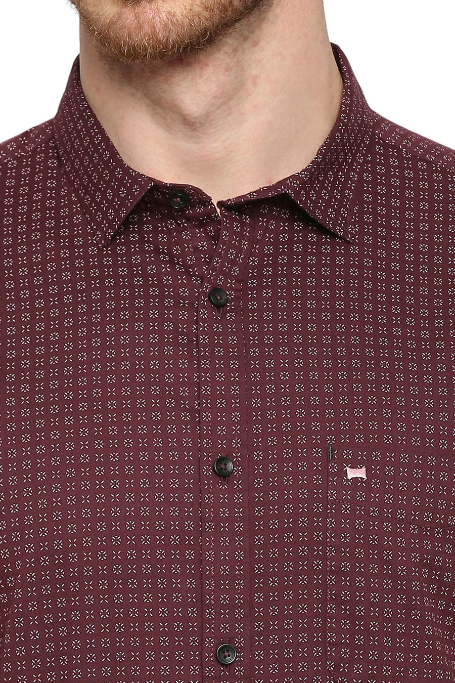 BASICS SLIM FIT PUCE WINE COTTON TWILL PRINTED SHIRT