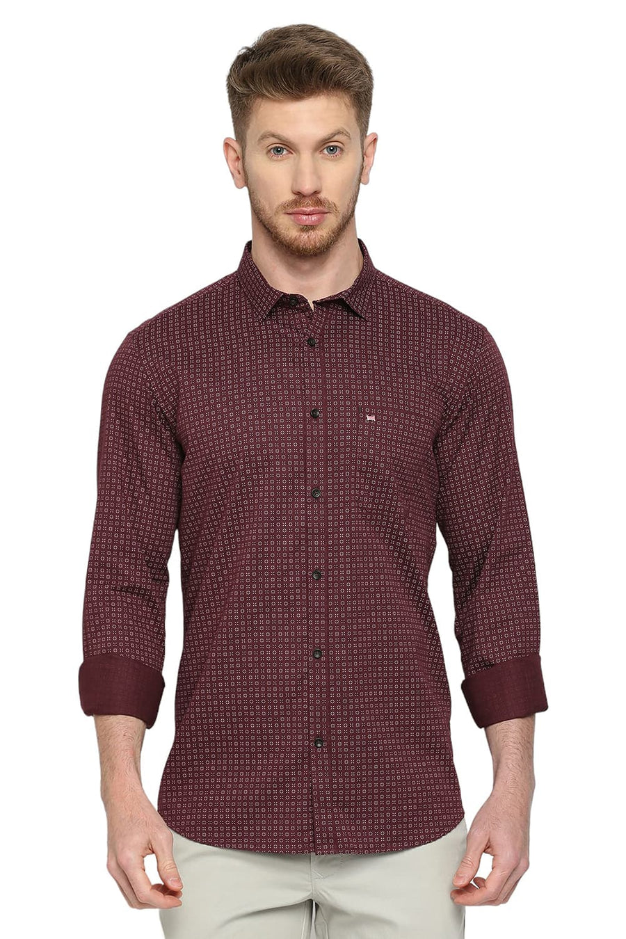 BASICS SLIM FIT PUCE WINE COTTON TWILL PRINTED SHIRT