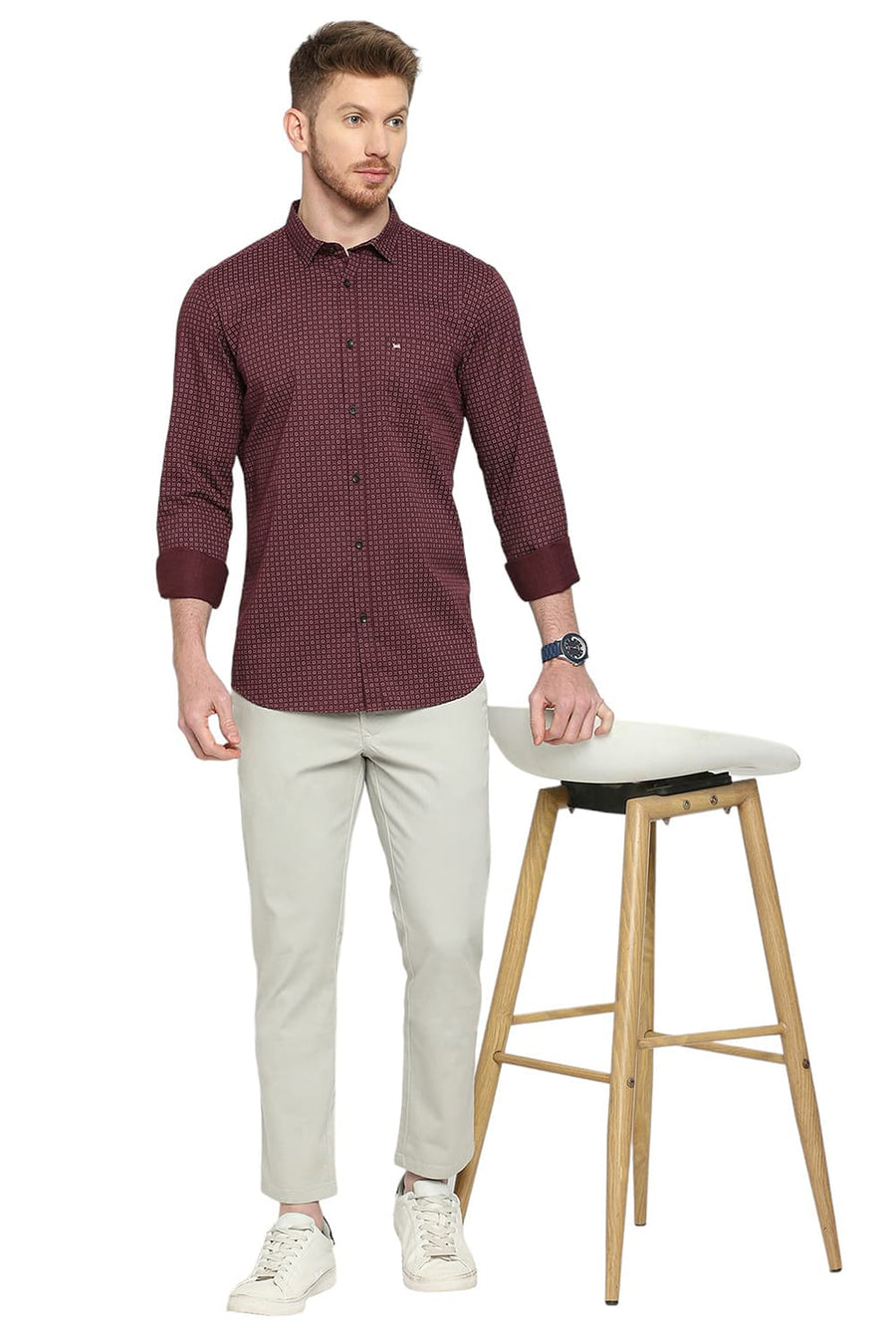 BASICS SLIM FIT PUCE WINE COTTON TWILL PRINTED SHIRT