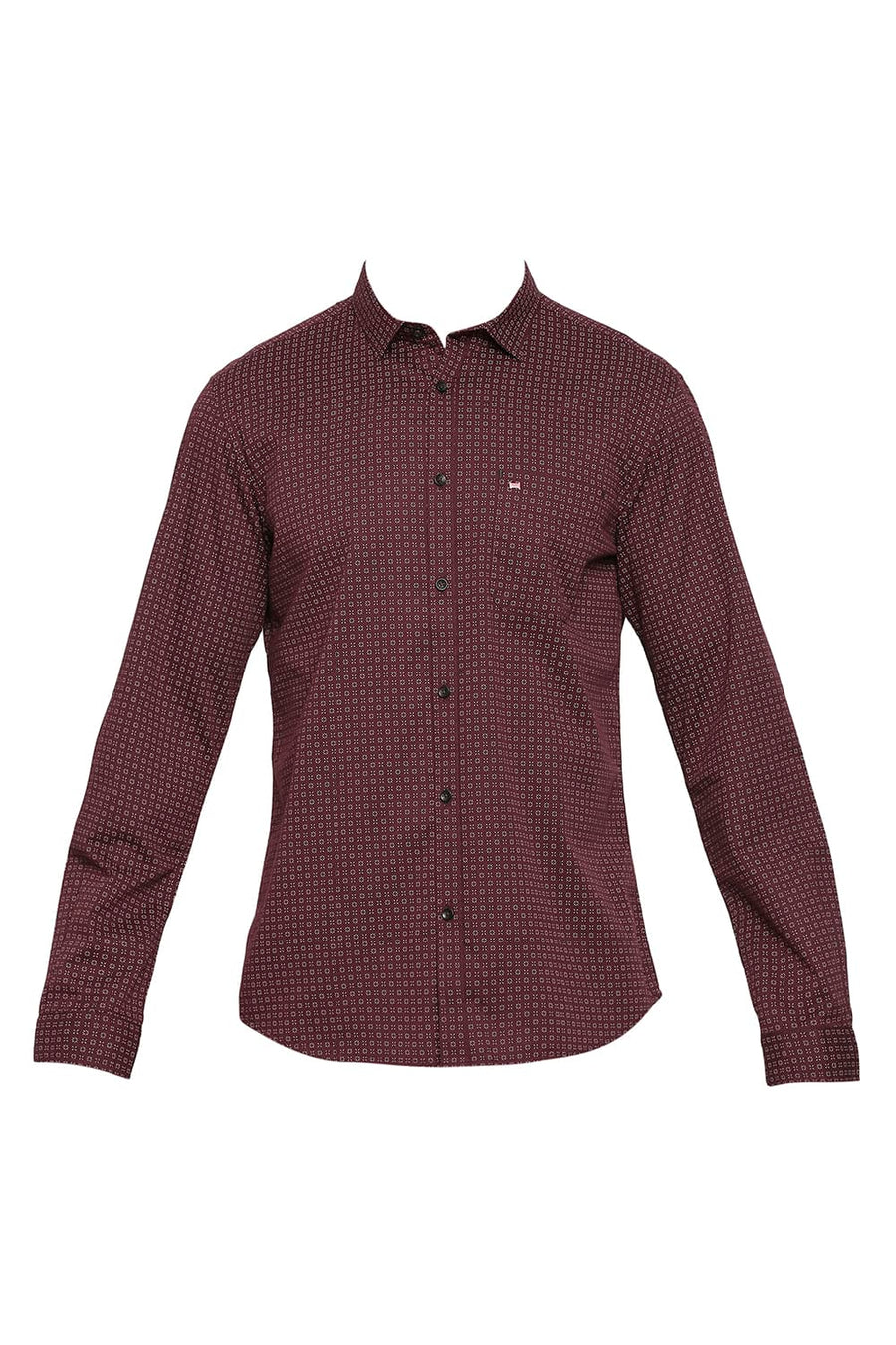 BASICS SLIM FIT PUCE WINE COTTON TWILL PRINTED SHIRT