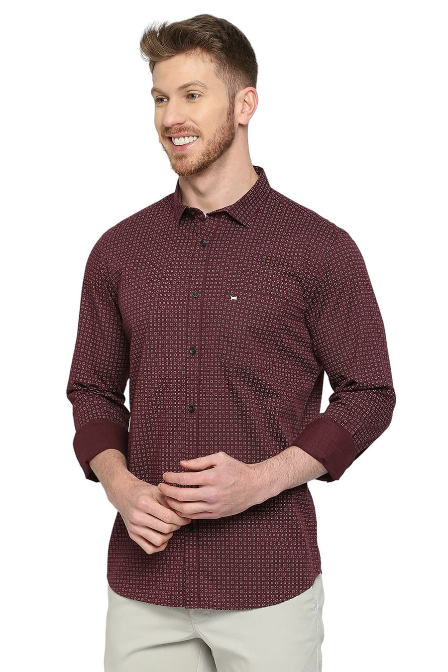 BASICS SLIM FIT PUCE WINE COTTON TWILL PRINTED SHIRT