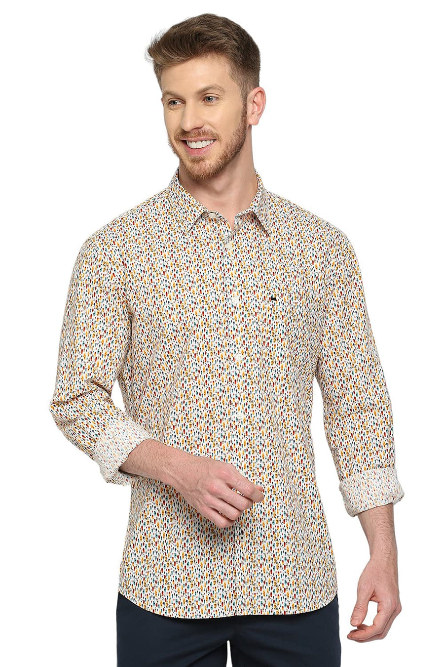 BASICS SLIM FIT TANGERINE ORANGE COTTON DIGITAL PRINTED SHIRT