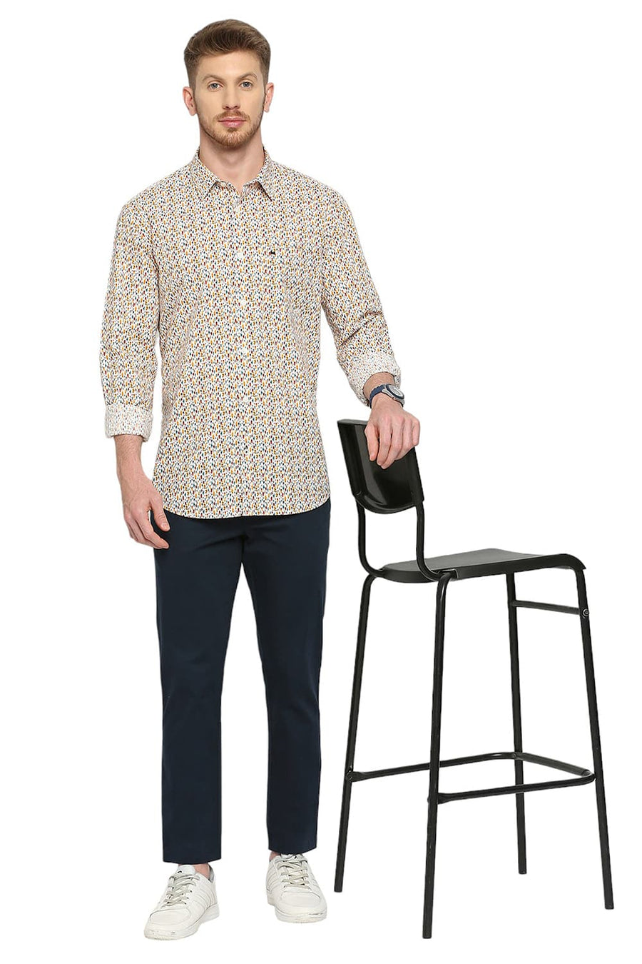 BASICS SLIM FIT TANGERINE ORANGE COTTON DIGITAL PRINTED SHIRT