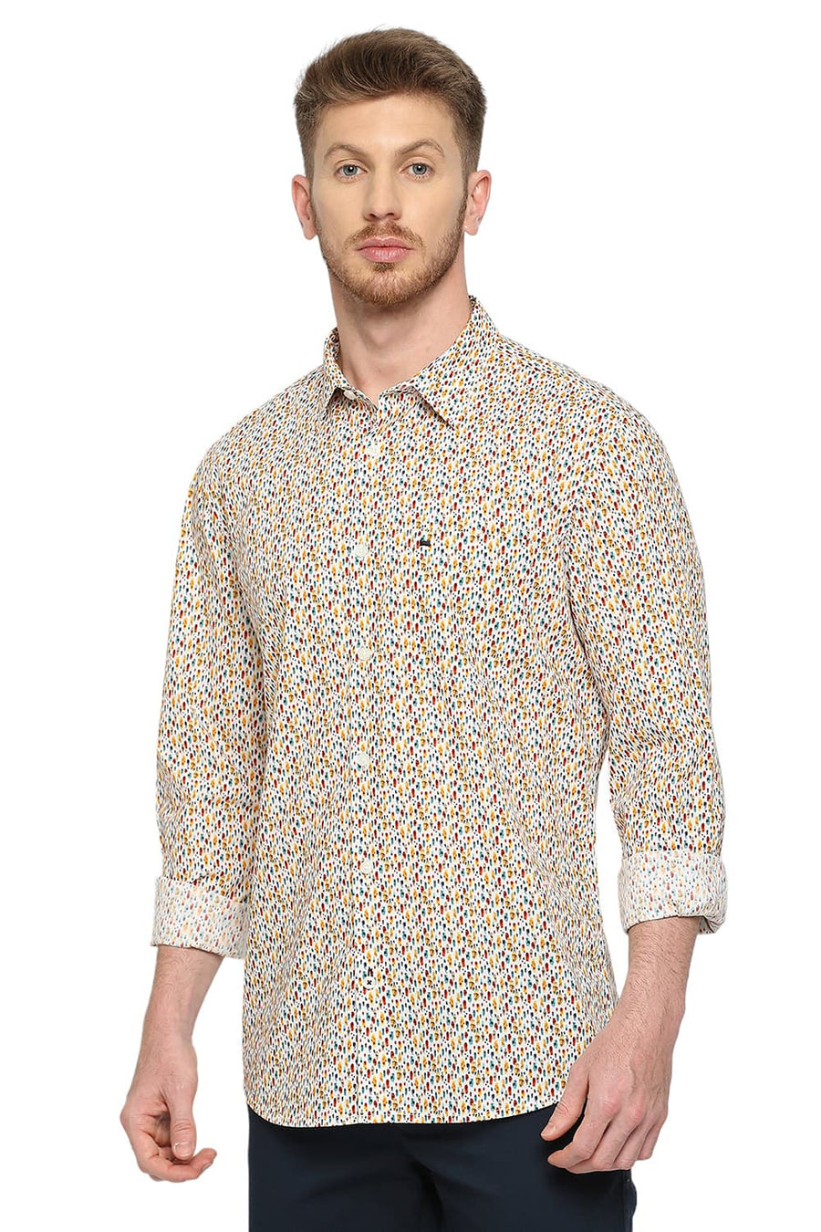 BASICS SLIM FIT TANGERINE ORANGE COTTON DIGITAL PRINTED SHIRT