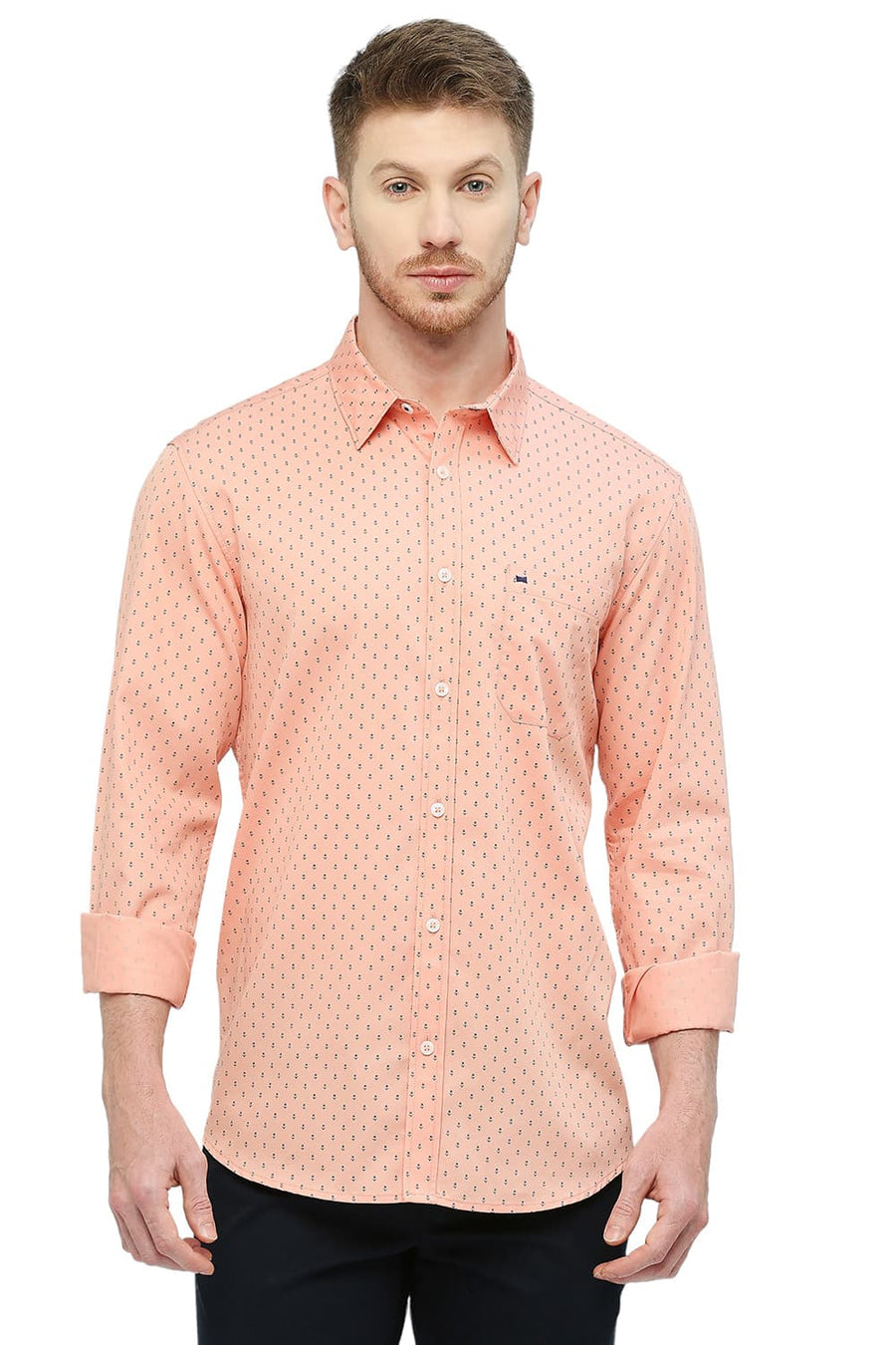 BASICS SLIM FIT PEACH PARFAIT COTTON POLYESTER CAVALRY PRINTED SHIRT