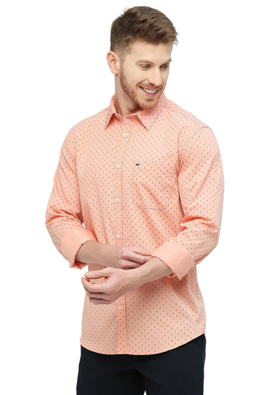 BASICS SLIM FIT PEACH PARFAIT COTTON POLYESTER CAVALRY PRINTED SHIRT