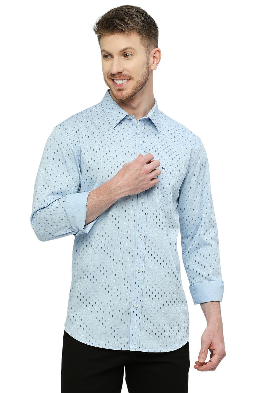 BASICS SLIM FIT BEL AIR BLUE COTTON POLYESTER CAVALRY PRINTED SHIRT