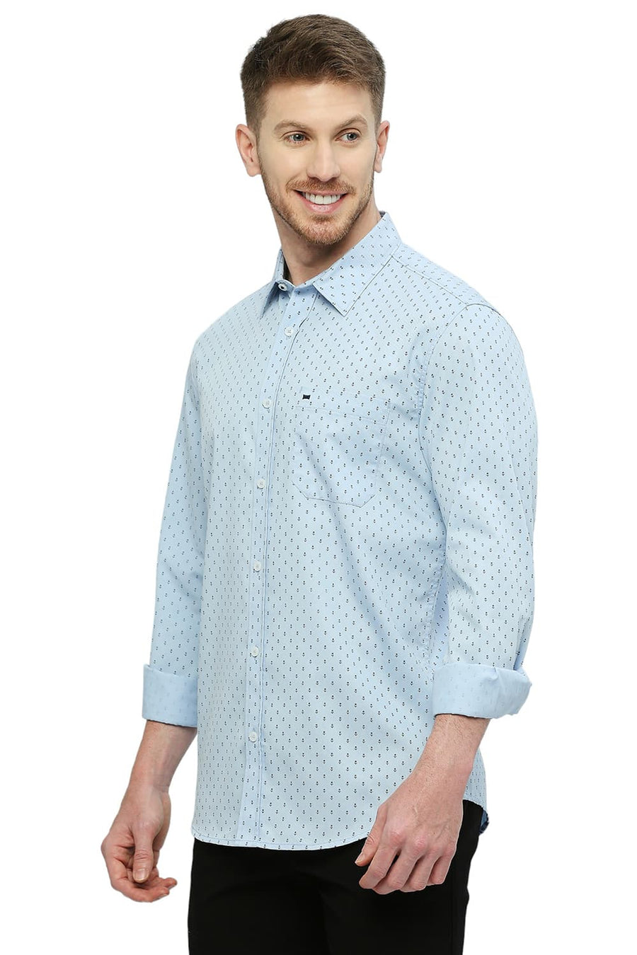 BASICS SLIM FIT BEL AIR BLUE COTTON POLYESTER CAVALRY PRINTED SHIRT