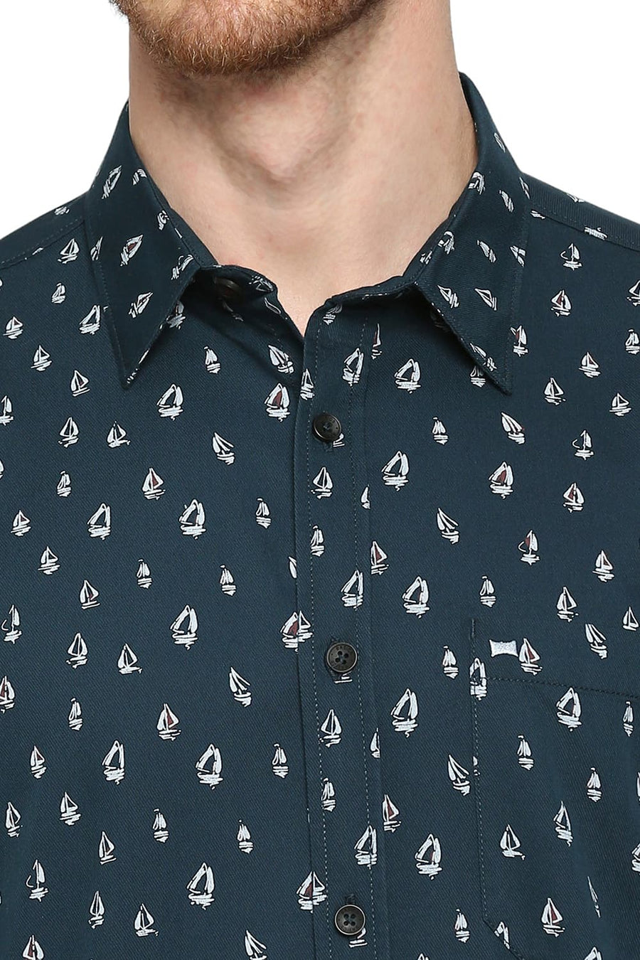 BASICS SLIM FIT HIGHTIDE NAVY COTTON POLYESTER CAVALRY PRINTED SHIRT