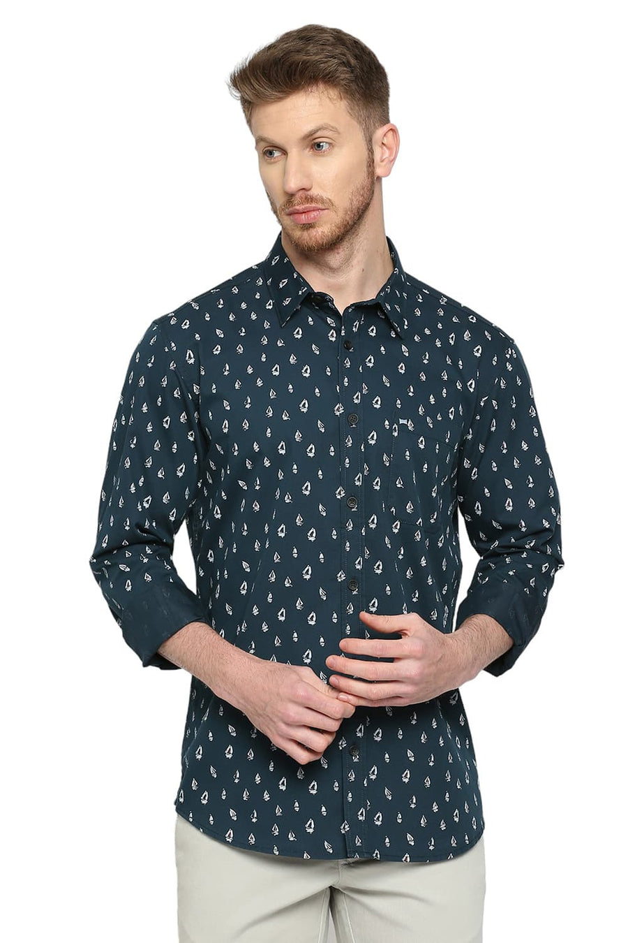 BASICS SLIM FIT HIGHTIDE NAVY COTTON POLYESTER CAVALRY PRINTED SHIRT