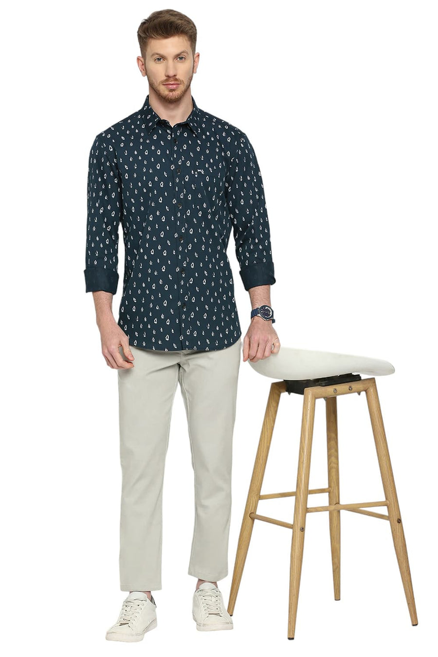 BASICS SLIM FIT HIGHTIDE NAVY COTTON POLYESTER CAVALRY PRINTED SHIRT