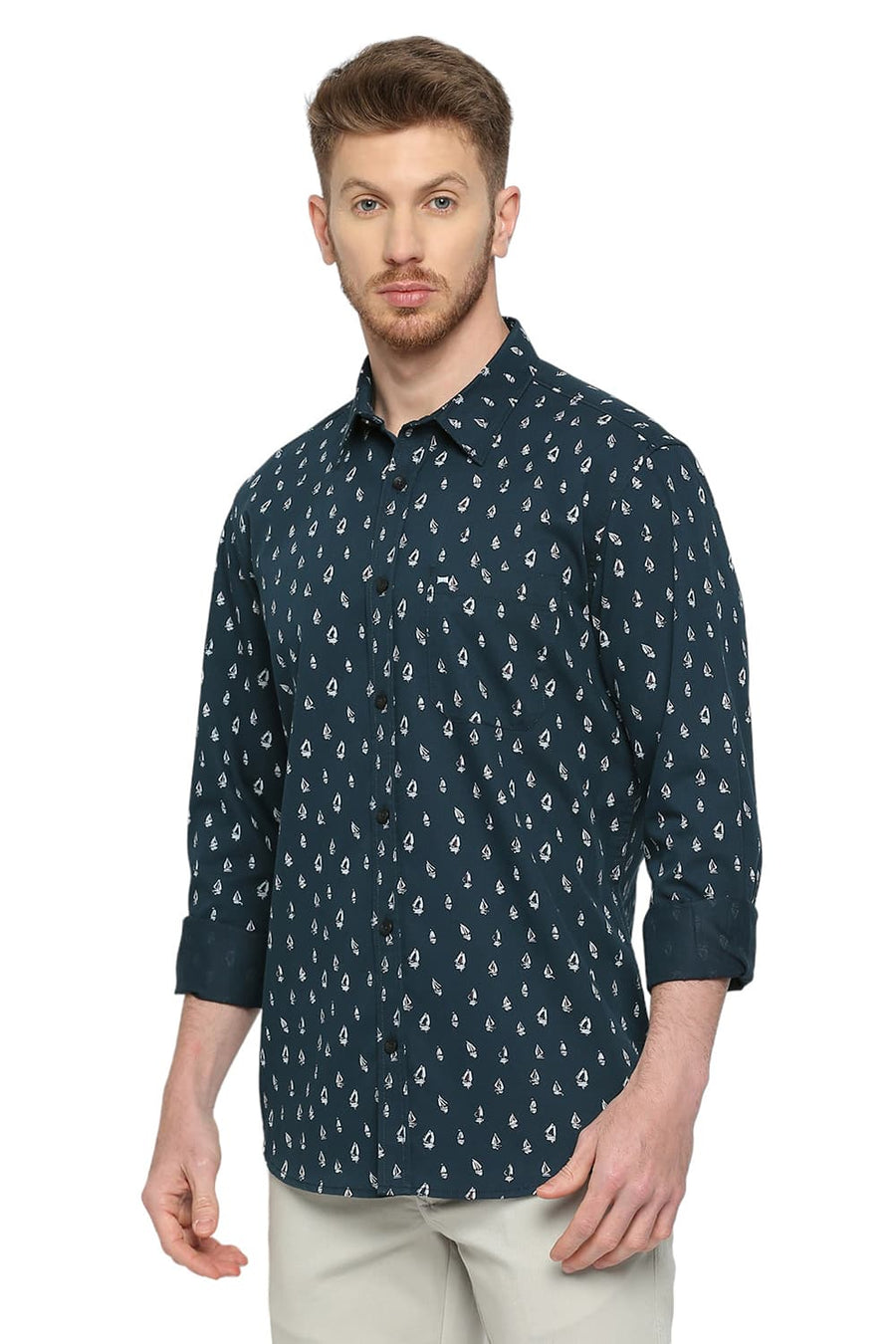BASICS SLIM FIT HIGHTIDE NAVY COTTON POLYESTER CAVALRY PRINTED SHIRT