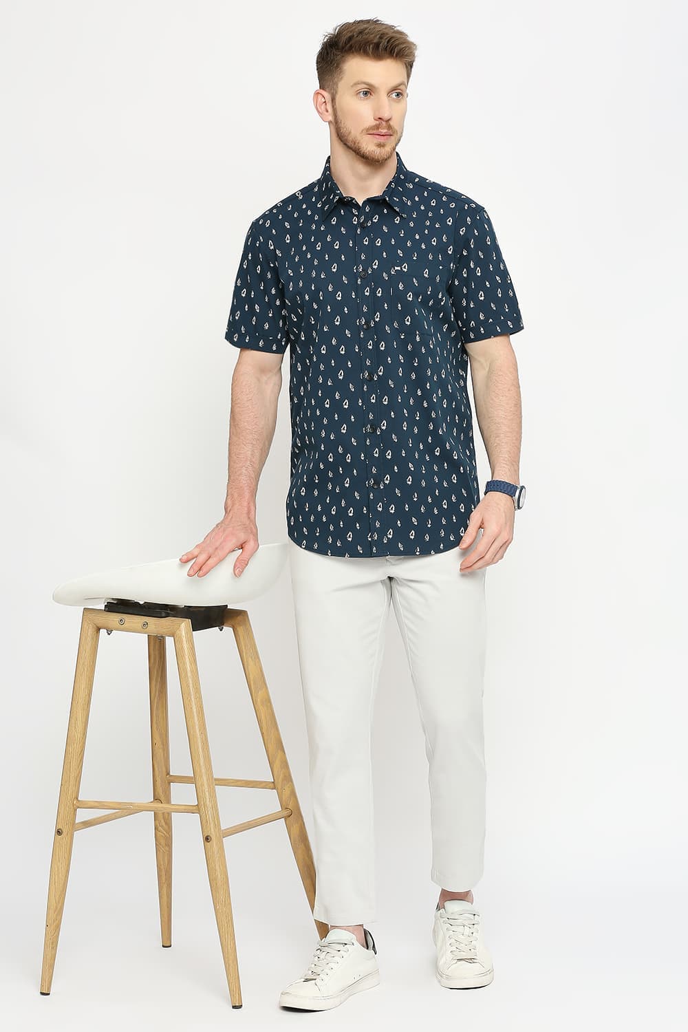 Slim Fit Cotton Polyester Cavalry Printed Halfsleeves Shirt