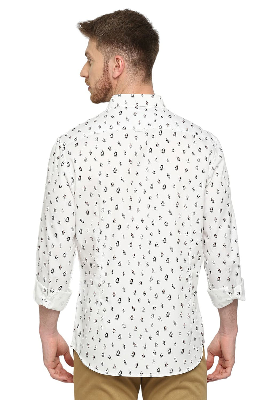 BASICS SLIM FIT WHISPER WHITE COTTON POLYESTER CAVALRY PRINTED SHIRT