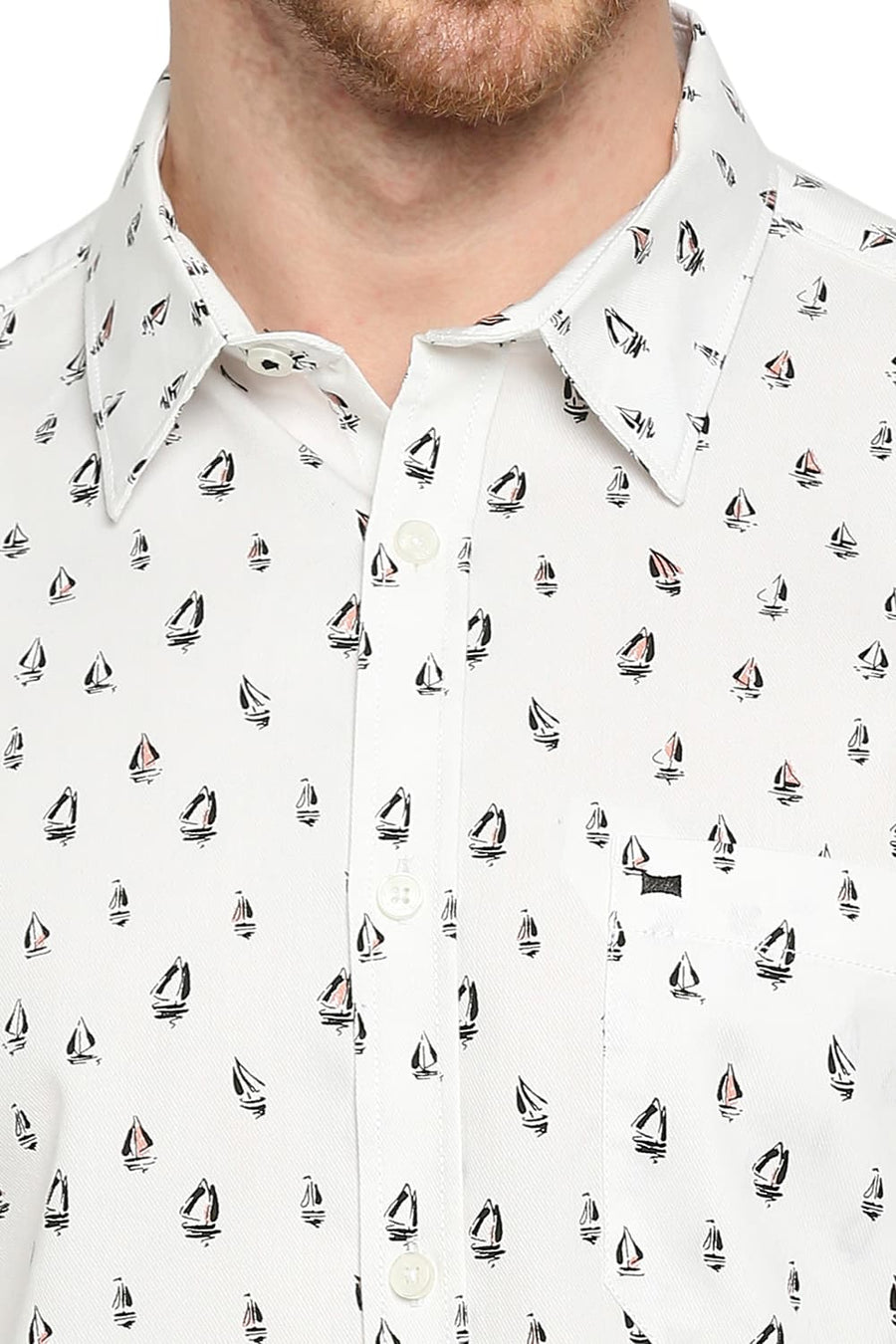 BASICS SLIM FIT WHISPER WHITE COTTON POLYESTER CAVALRY PRINTED SHIRT