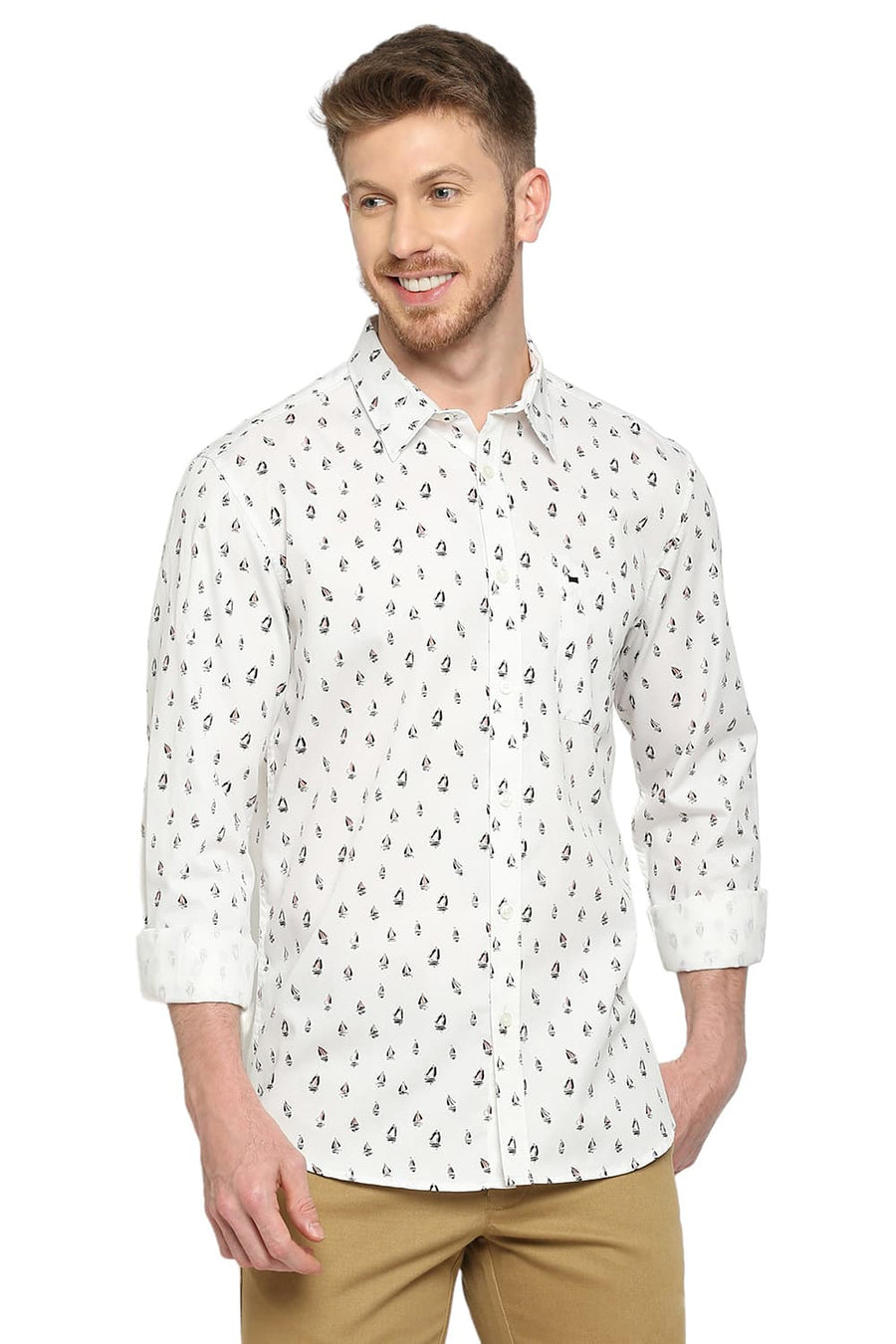 BASICS SLIM FIT WHISPER WHITE COTTON POLYESTER CAVALRY PRINTED SHIRT
