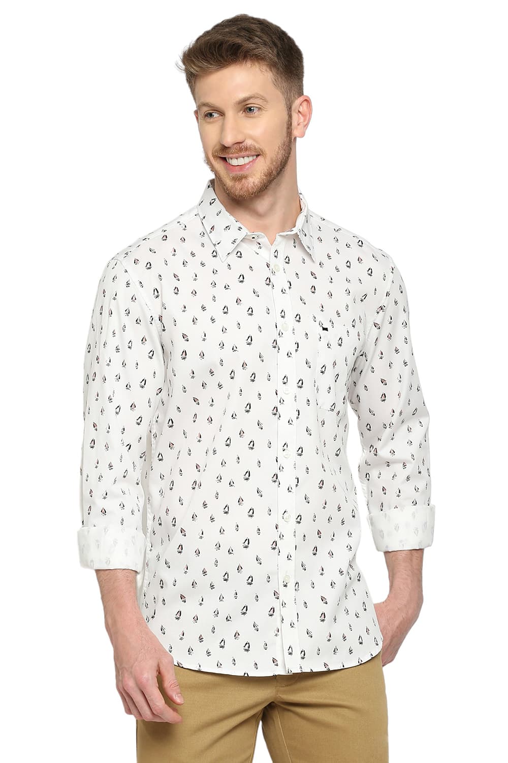 BASICS SLIM FIT COTTON POLYESTER CAVALRY PRINTED SHIRT