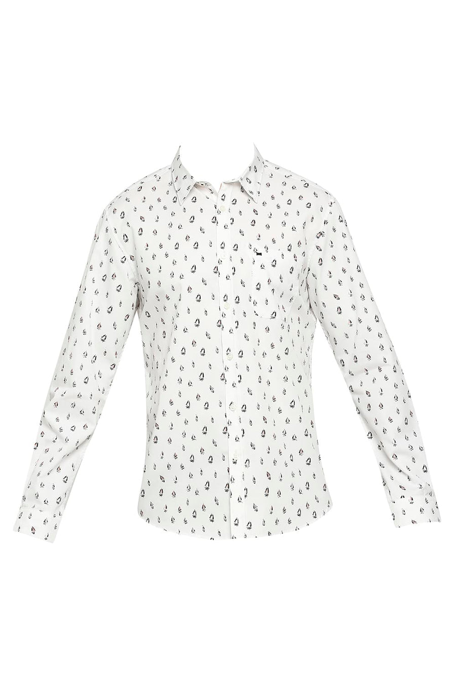 BASICS SLIM FIT WHISPER WHITE COTTON POLYESTER CAVALRY PRINTED SHIRT