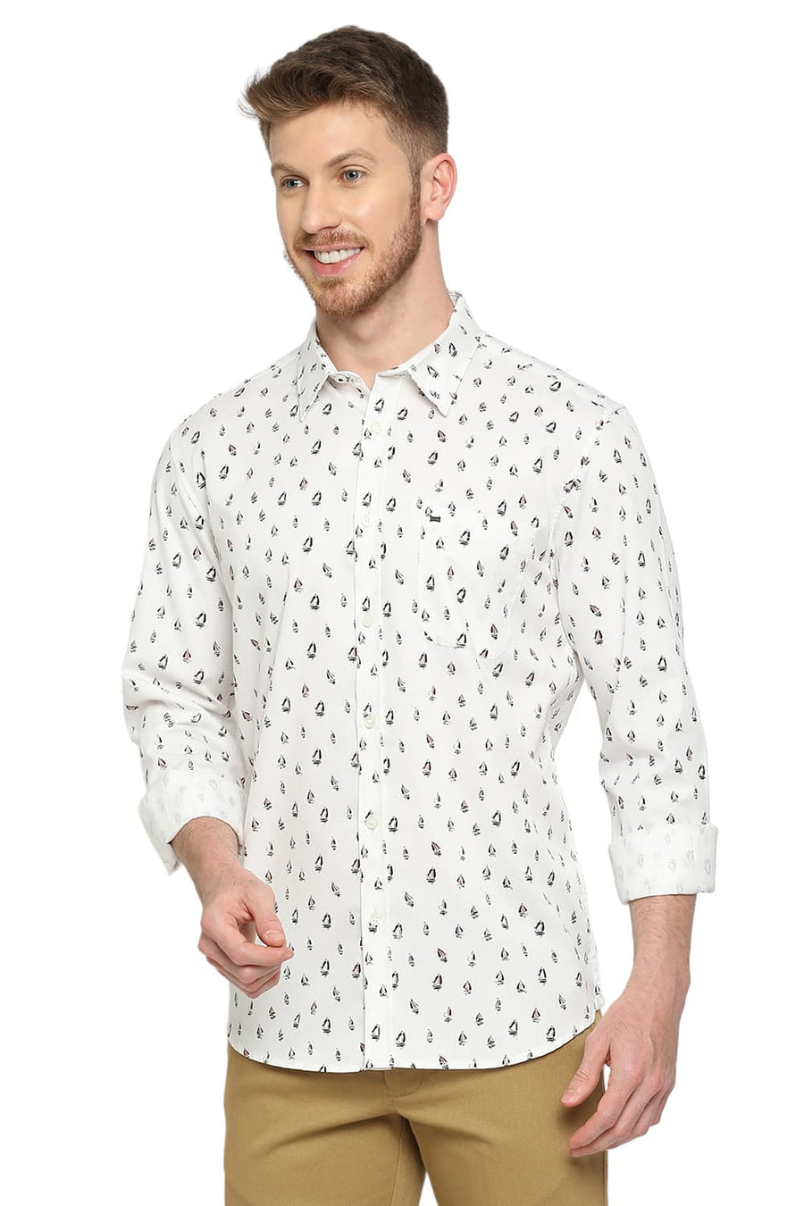 BASICS SLIM FIT WHISPER WHITE COTTON POLYESTER CAVALRY PRINTED SHIRT