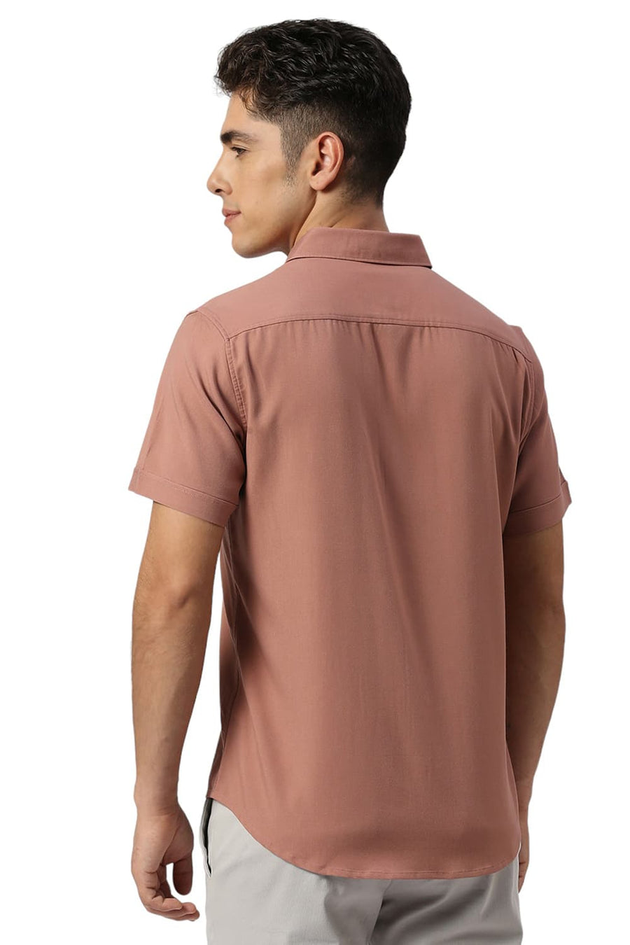 BASICS SLIM FIT ASH BROWN VISCOSE POLYESTER STRETCH TWILL HALFSLEEVES SHIRT