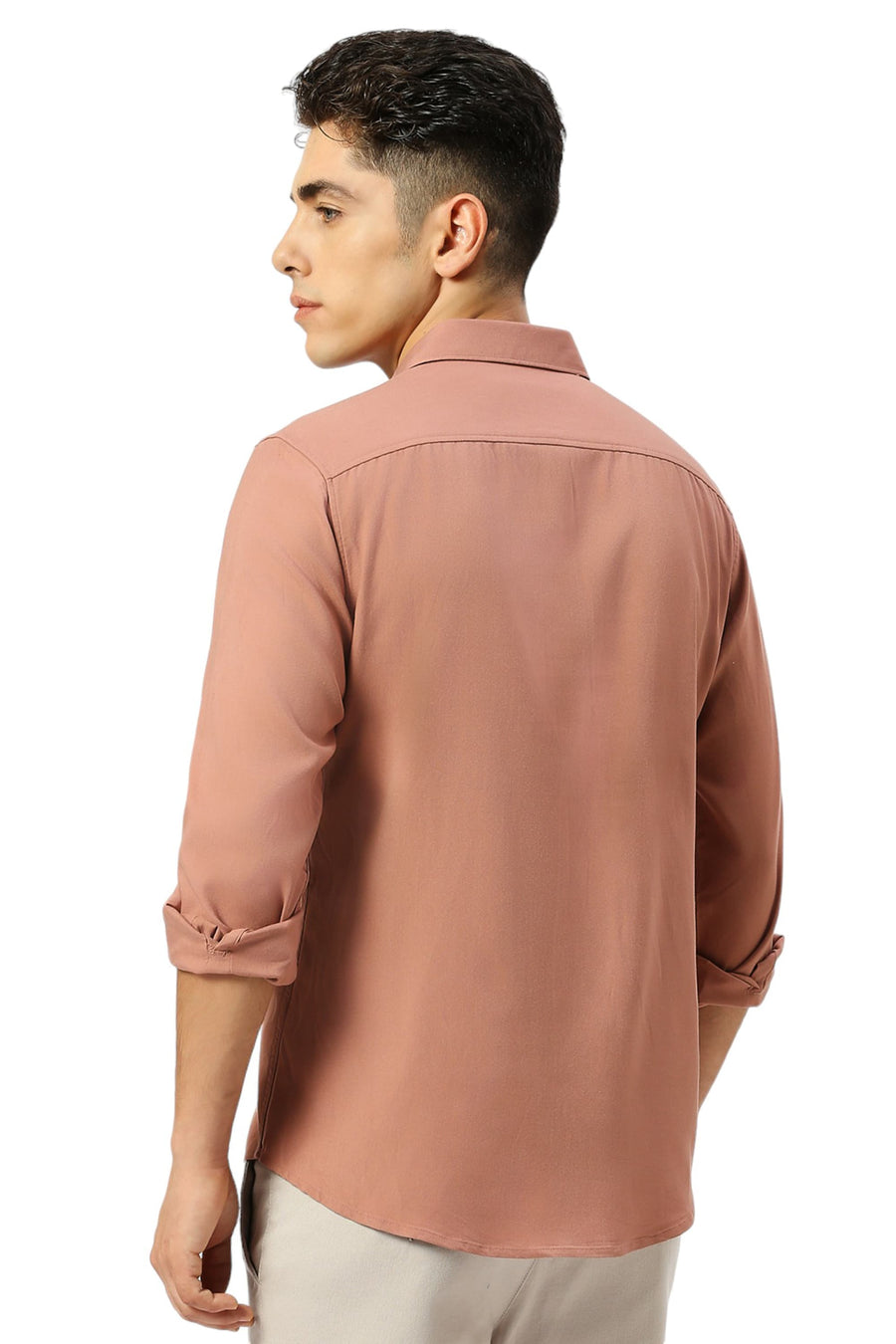 BASICS SLIM FIT ASH BROWN VISCOSE POLYESTER STRETCH TWILL SHIRT