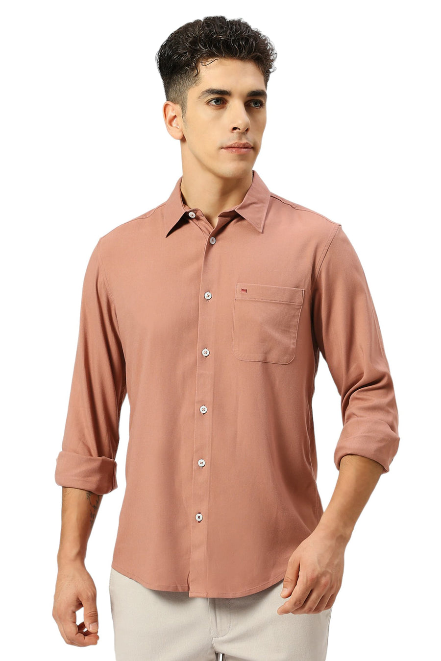 BASICS SLIM FIT ASH BROWN VISCOSE POLYESTER STRETCH TWILL SHIRT