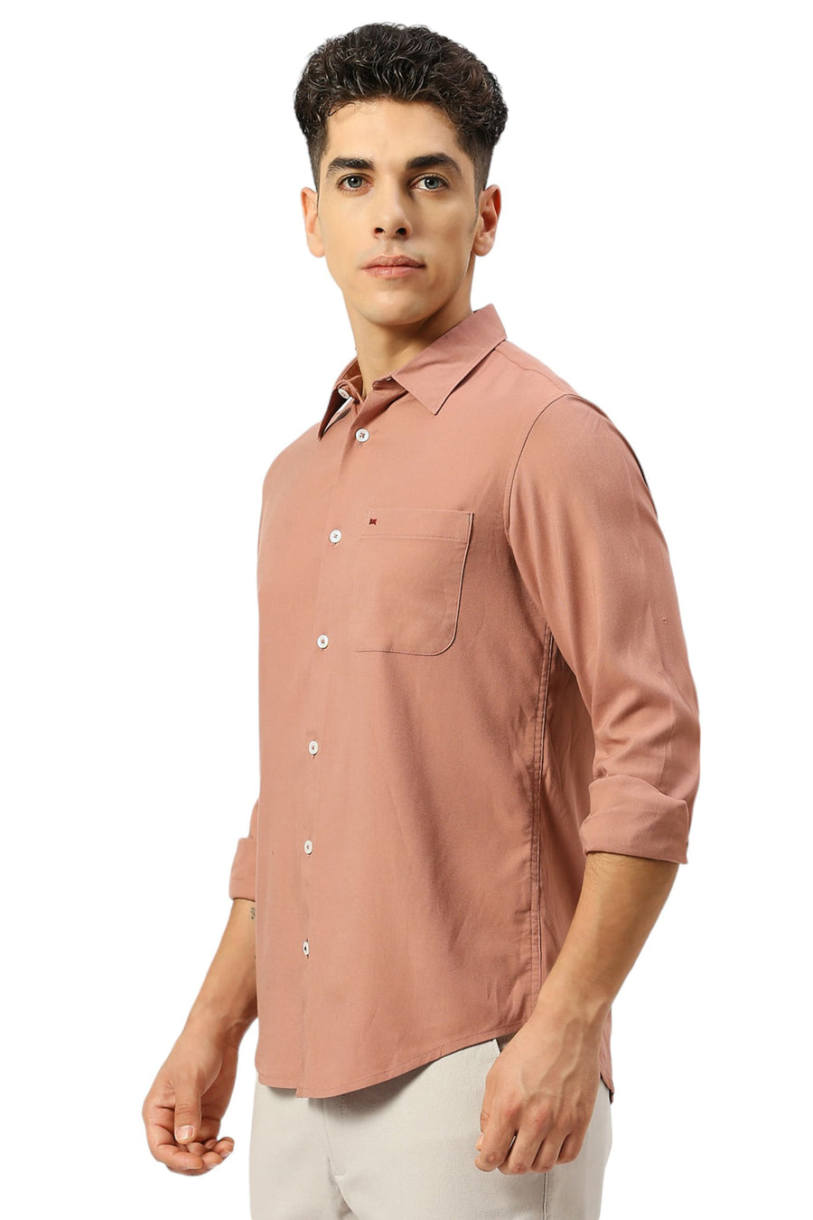 BASICS SLIM FIT ASH BROWN VISCOSE POLYESTER STRETCH TWILL SHIRT