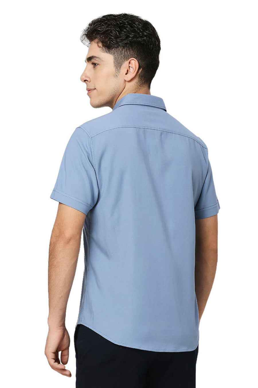 BASICS SLIM FIT BLUE SHADOW VISCOSE POLYESTER STRETCH TWILL HALFSLEEVES SHIRT