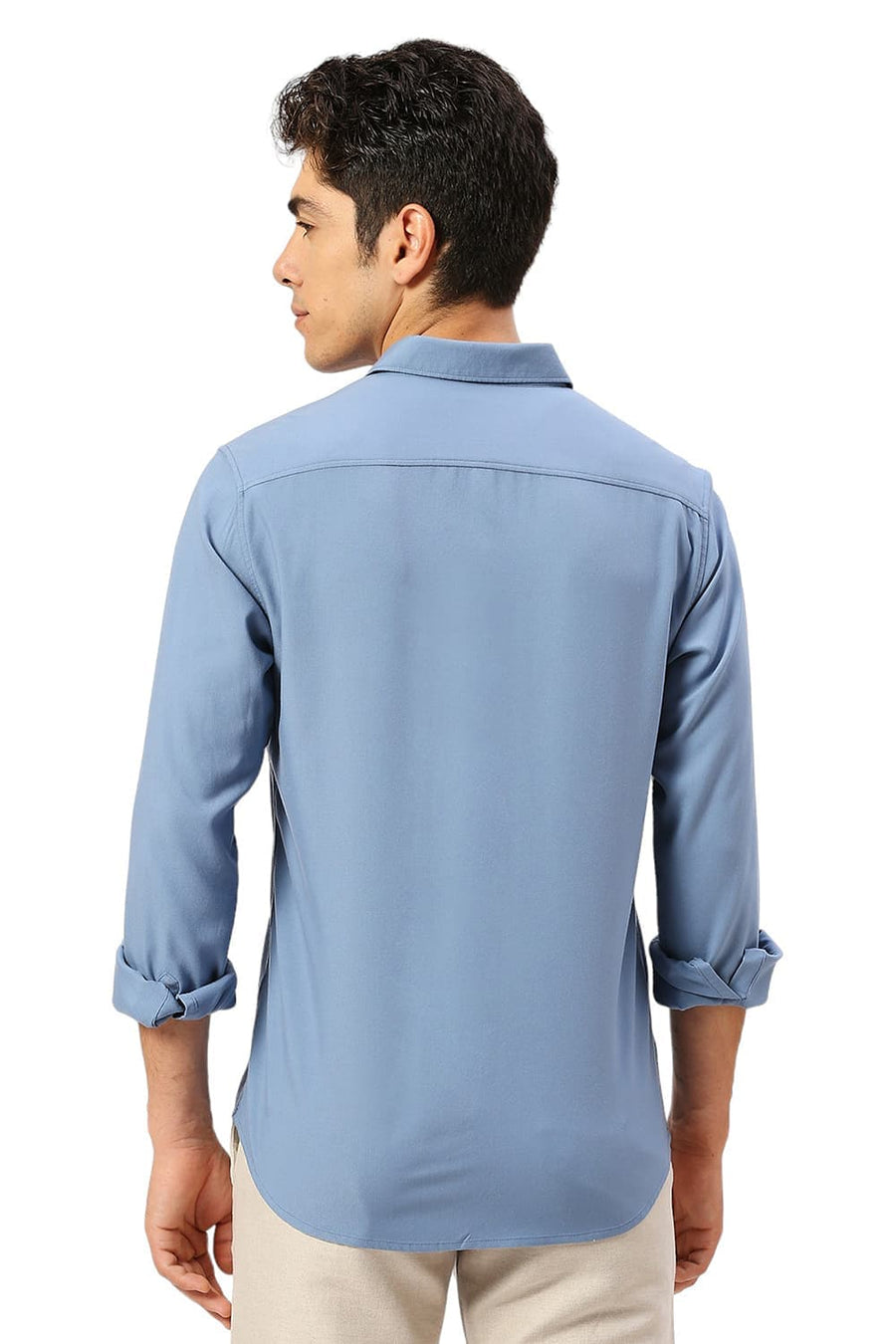 BASICS SLIM FIT BLUE SHADOW VISCOSE POLYESTER STRETCH TWILL SHIRT