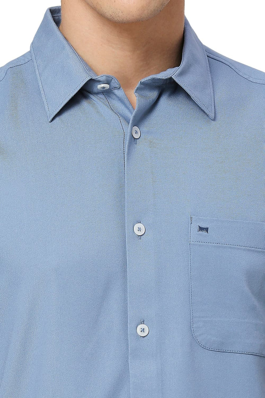 BASICS SLIM FIT BLUE SHADOW VISCOSE POLYESTER STRETCH TWILL HALFSLEEVES SHIRT