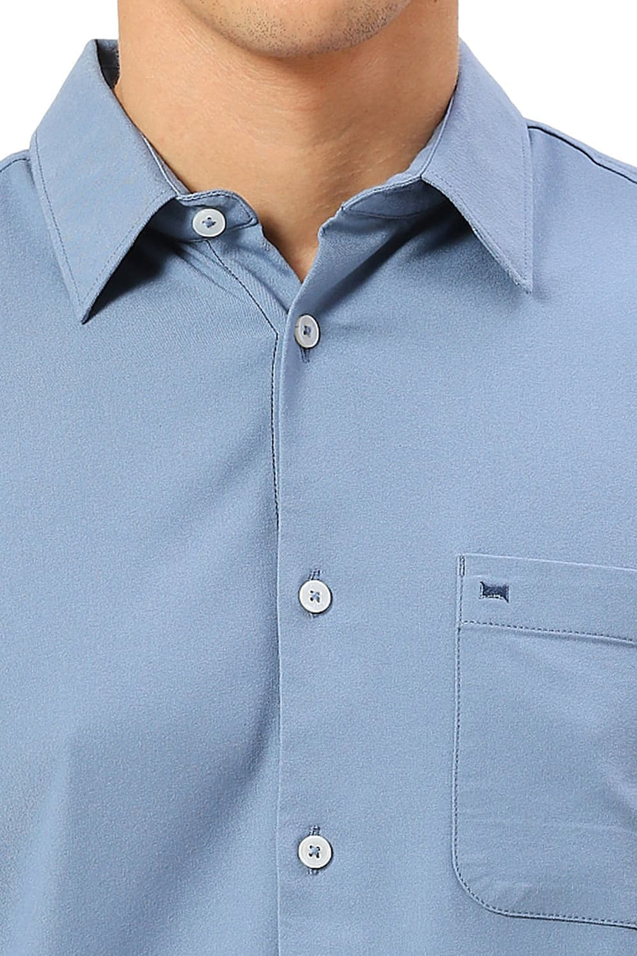BASICS SLIM FIT BLUE SHADOW VISCOSE POLYESTER STRETCH TWILL SHIRT