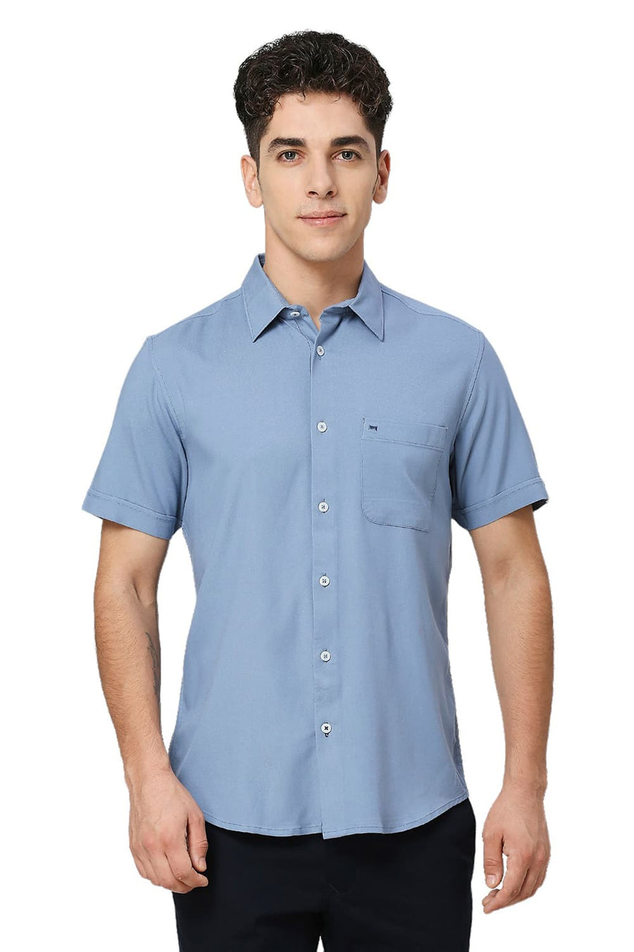 BASICS SLIM FIT BLUE SHADOW VISCOSE POLYESTER STRETCH TWILL HALFSLEEVES SHIRT