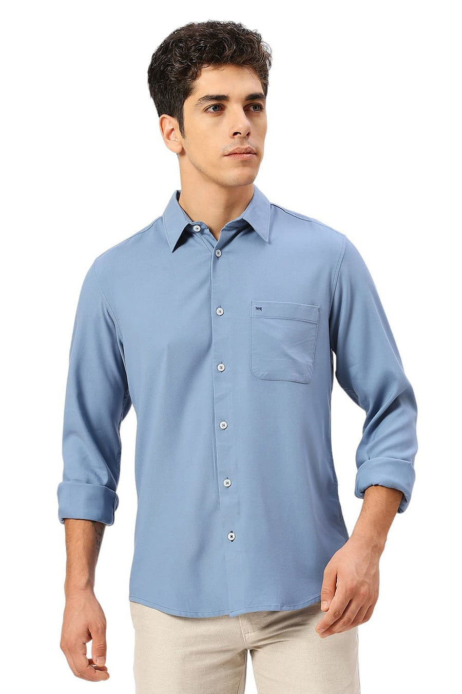 BASICS SLIM FIT BLUE SHADOW VISCOSE POLYESTER STRETCH TWILL SHIRT