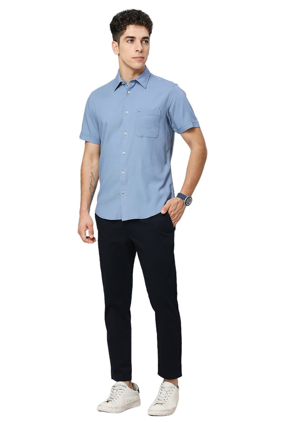 BASICS SLIM FIT BLUE SHADOW VISCOSE POLYESTER STRETCH TWILL HALFSLEEVES SHIRT