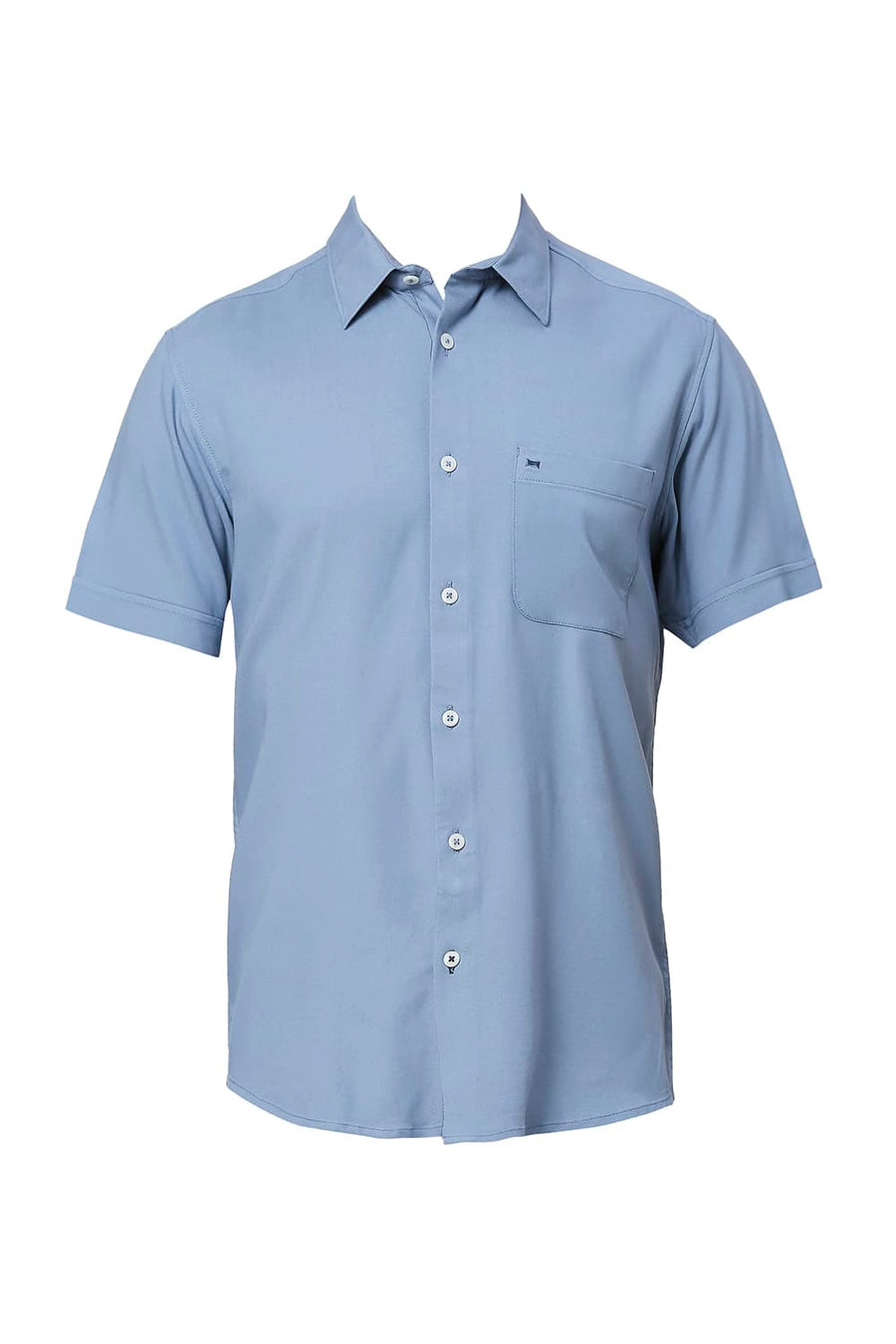 BASICS SLIM FIT BLUE SHADOW VISCOSE POLYESTER STRETCH TWILL HALFSLEEVES SHIRT