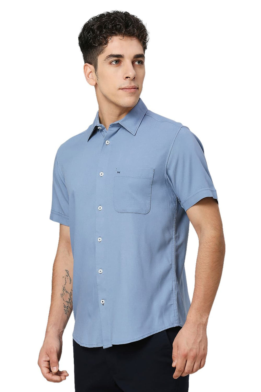 BASICS SLIM FIT BLUE SHADOW VISCOSE POLYESTER STRETCH TWILL HALFSLEEVES SHIRT