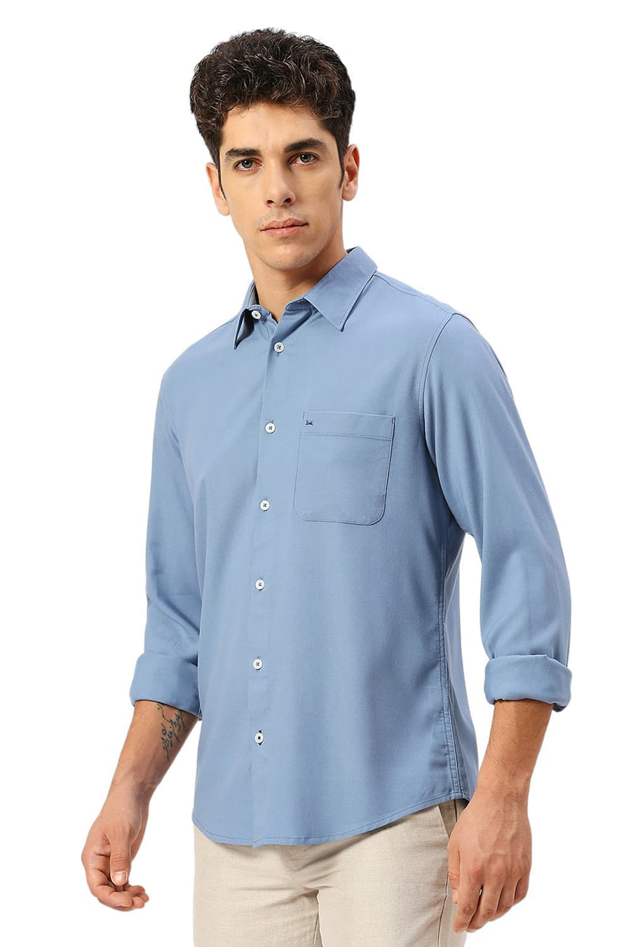 BASICS SLIM FIT BLUE SHADOW VISCOSE POLYESTER STRETCH TWILL SHIRT