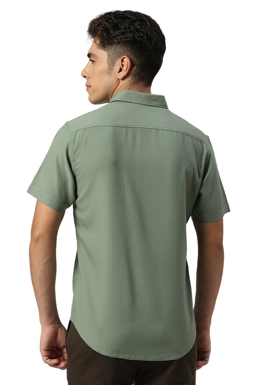 BASICS SLIM FIT OLIVE SEA VISCOSE POLYESTER STRETCH TWILL HALFSLEEVES SHIRT