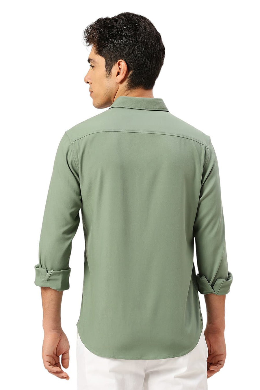 BASICS SLIM FIT OLIVE SEA VISCOSE POLYESTER STRETCH TWILL SHIRT