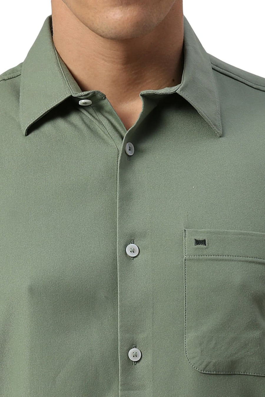 BASICS SLIM FIT OLIVE SEA VISCOSE POLYESTER STRETCH TWILL HALFSLEEVES SHIRT