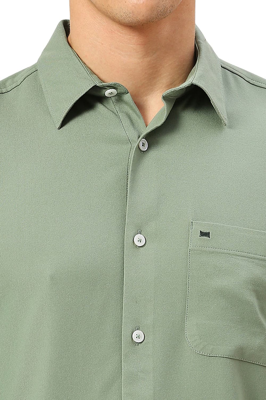 BASICS SLIM FIT OLIVE SEA VISCOSE POLYESTER STRETCH TWILL SHIRT
