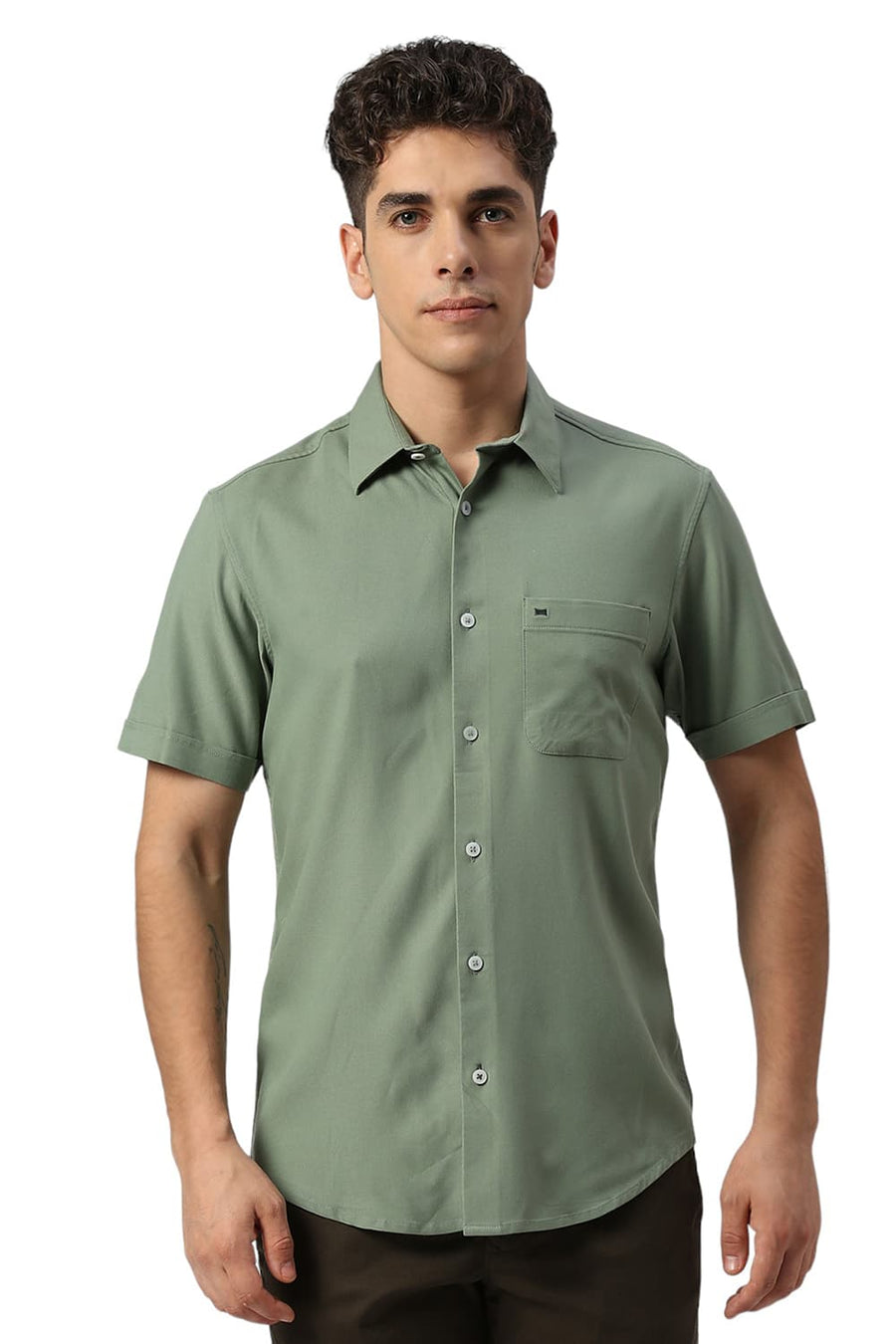 BASICS SLIM FIT OLIVE SEA VISCOSE POLYESTER STRETCH TWILL HALFSLEEVES SHIRT
