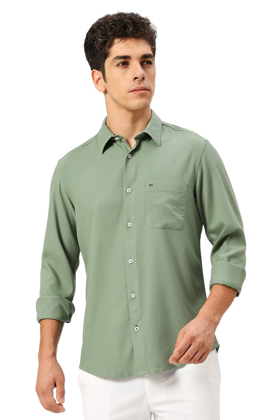 BASICS SLIM FIT OLIVE SEA VISCOSE POLYESTER STRETCH TWILL SHIRT