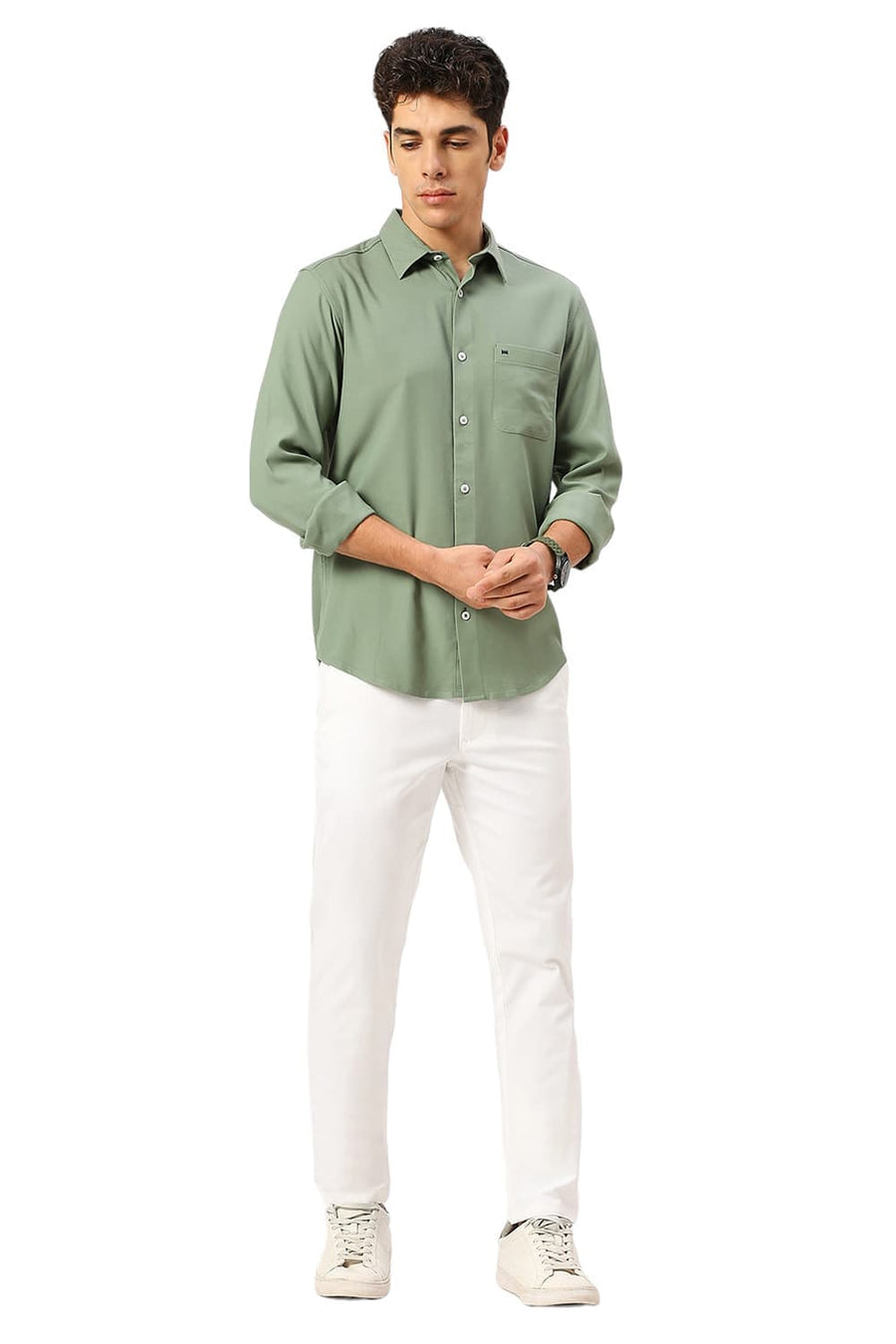 BASICS SLIM FIT OLIVE SEA VISCOSE POLYESTER STRETCH TWILL SHIRT