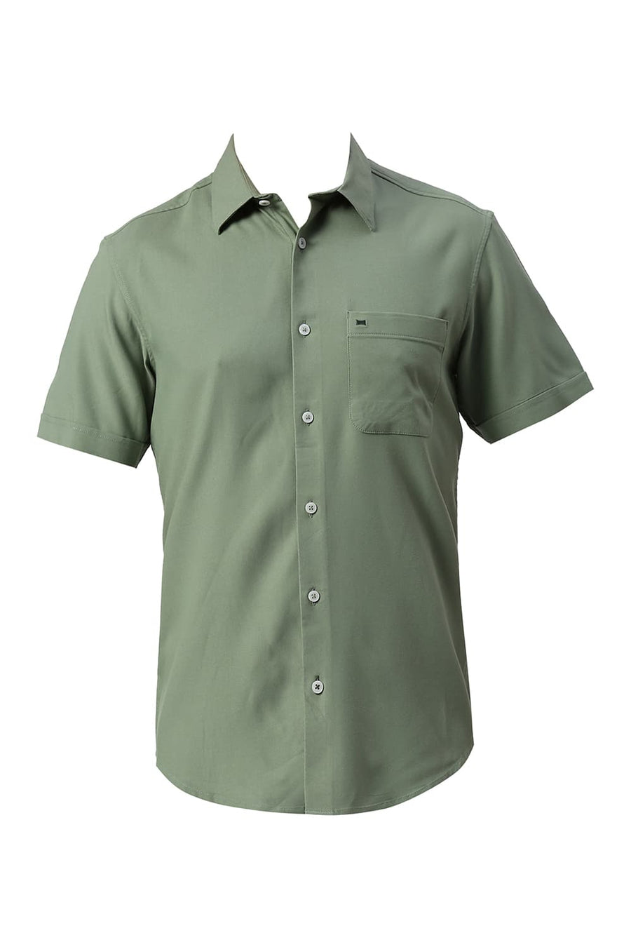 BASICS SLIM FIT OLIVE SEA VISCOSE POLYESTER STRETCH TWILL HALFSLEEVES SHIRT