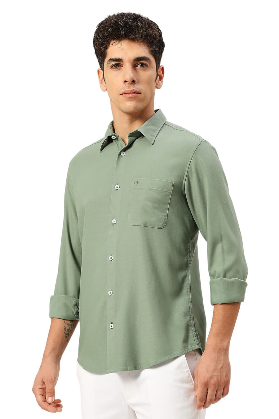 BASICS SLIM FIT OLIVE SEA VISCOSE POLYESTER STRETCH TWILL SHIRT